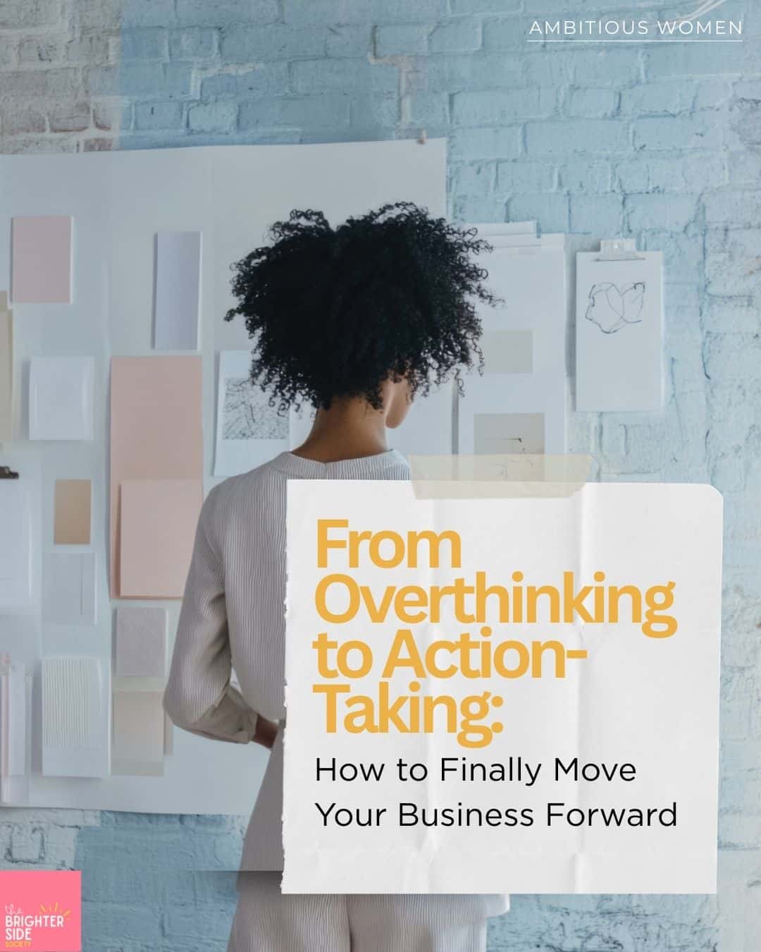 Female entrepreneur struggling with overthinking in business versus taking confident action - before and after comparison